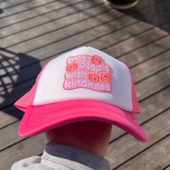 Pink and White Trucker Hat with Treat People with Kindness Patch - Picture 4 of 5